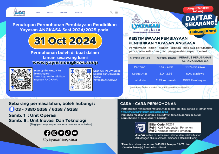 Penutupan Permohonan Pembiayaan Pendidikan Yayasan ANGKASA Sesi 2024/2025