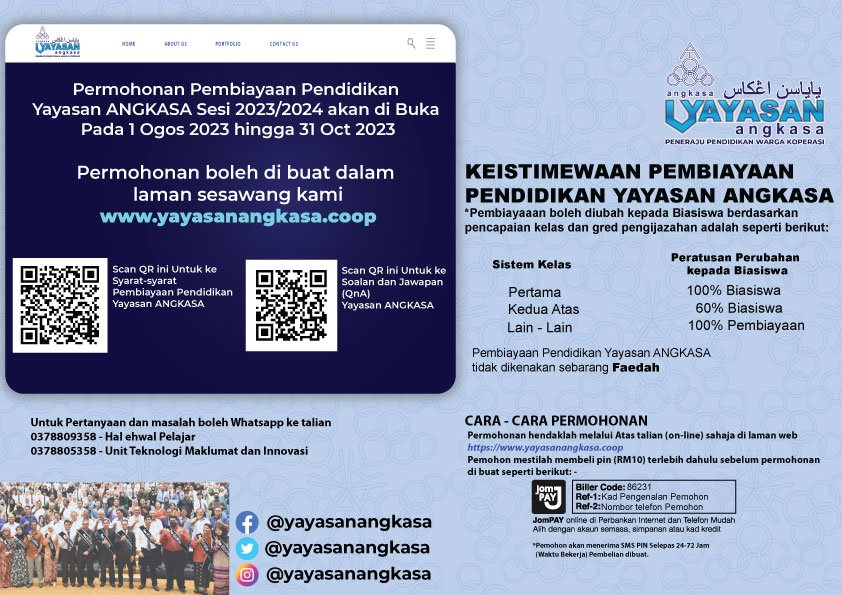 Permohonan Pembiayaan Pendidikan Boleh Ubah Yayasan ANGKASA Telah Dibuka Sesi 2023/2024